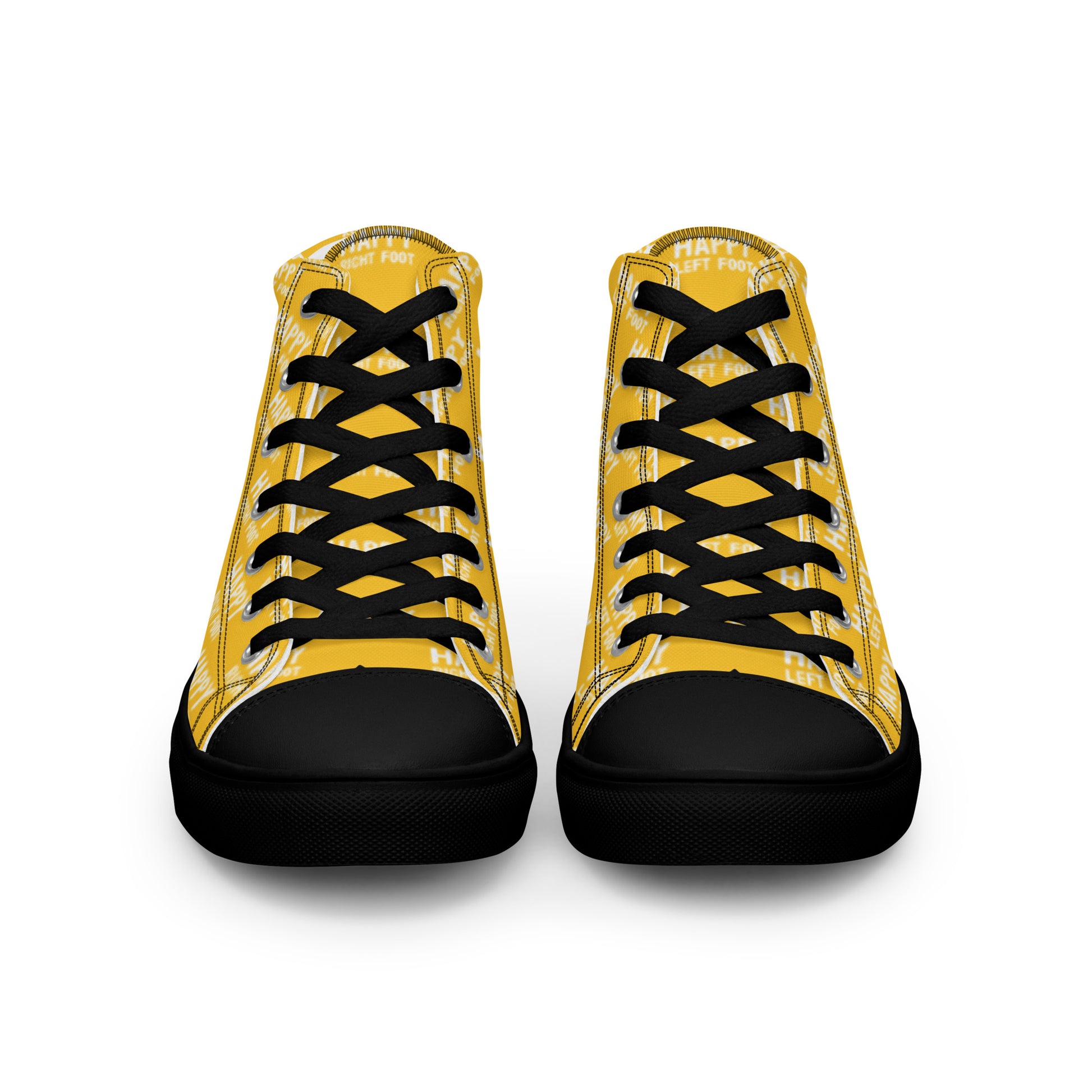 Front view laced up mens sneakers HappyStuff yellow high tops black sole Happy Left Foot Happy Right Foot Pattern Print each on relevant shoe