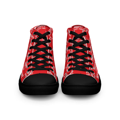 Front view laced up mens sneakers HappyStuff red high tops black sole Happy Left Foot Happy Right Foot Pattern Print each on relevant shoe