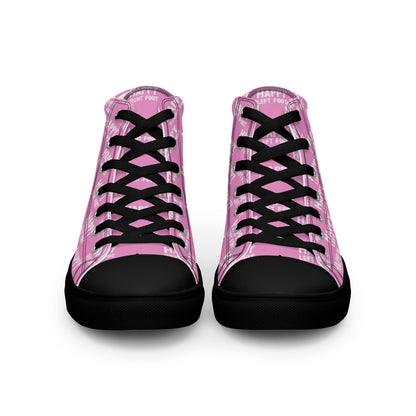 Front view laced up mens sneakers HappyStuff pink high tops black sole Happy Left Foot Happy Right Foot Pattern Print each on relevant shoe