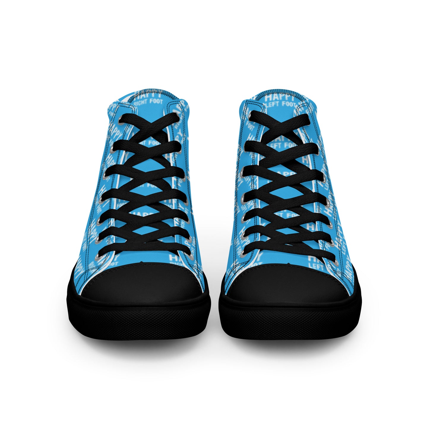 Front view laced up mens sneakers HappyStuff blue high tops black sole Happy Left Foot Happy Right Foot Pattern Print each on relevant shoe