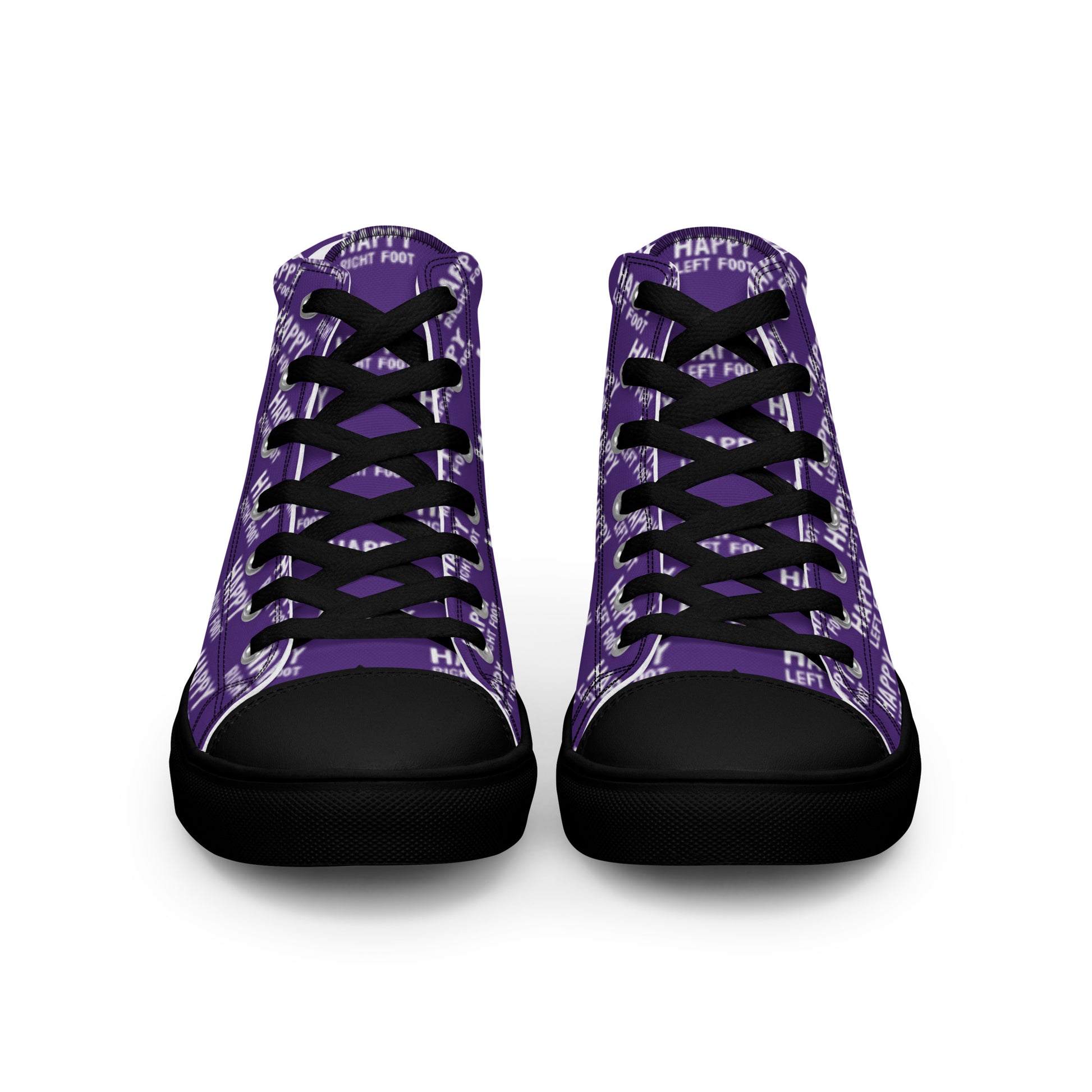 Front view laced up mens sneakers HappyStuff purple high tops black sole Happy Left Foot Happy Right Foot Pattern Print each on relevant shoe