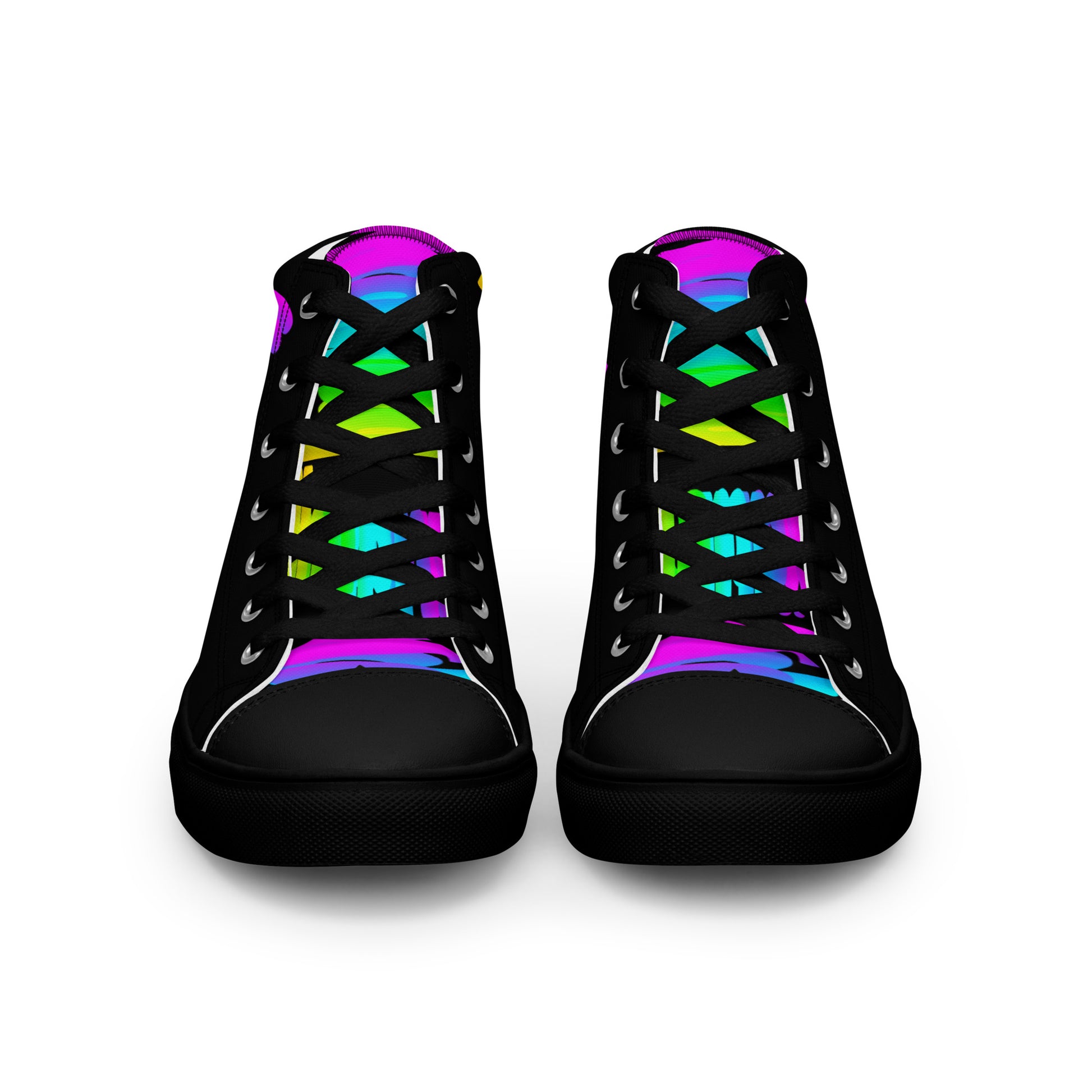 Front view laced up mens sneakers HappyStuff black high tops black sole rainbow shoes Happy Rainbow Painted bright colour spectrum print