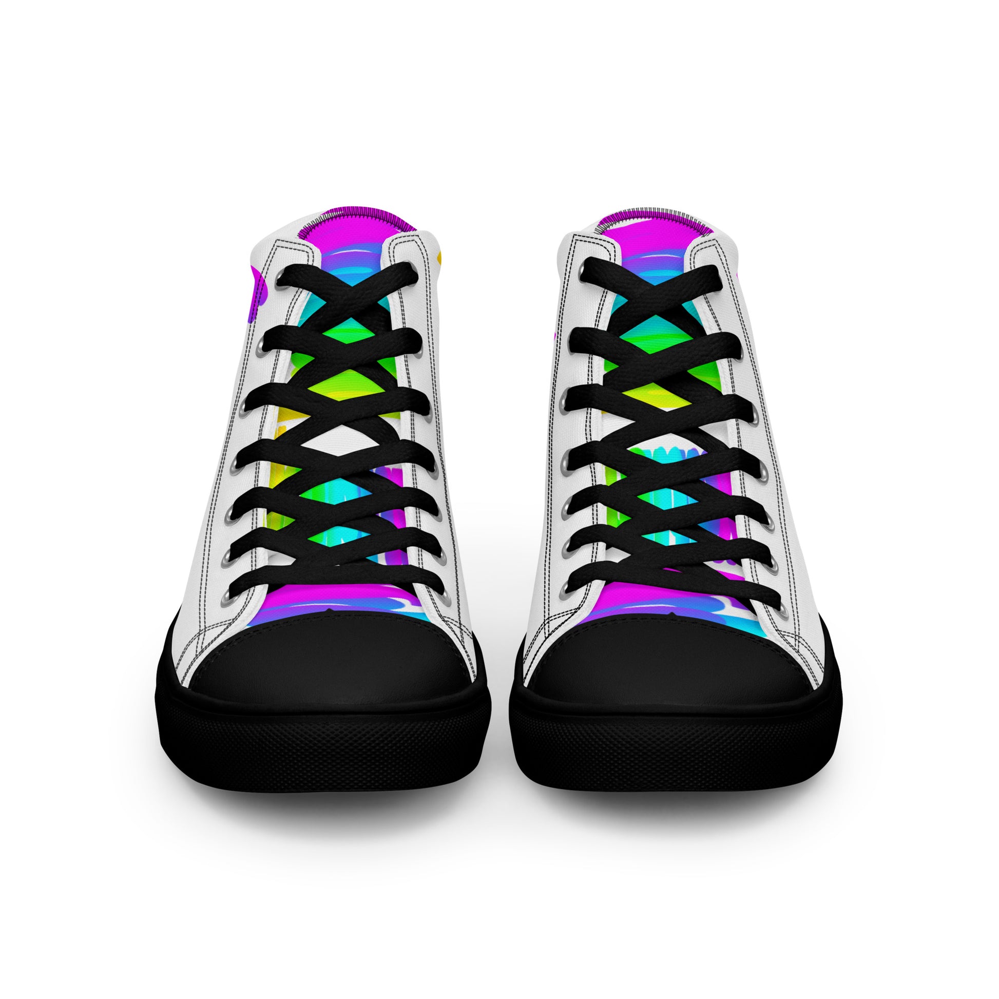 Front view laced up mens sneakers HappyStuff white high tops black sole rainbow shoes Happy Rainbow Painted bright colour spectrum print