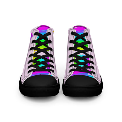 Front view laced up mens sneakers HappyStuff pink high tops black sole rainbow shoes Happy Rainbow Painted bright colour spectrum print