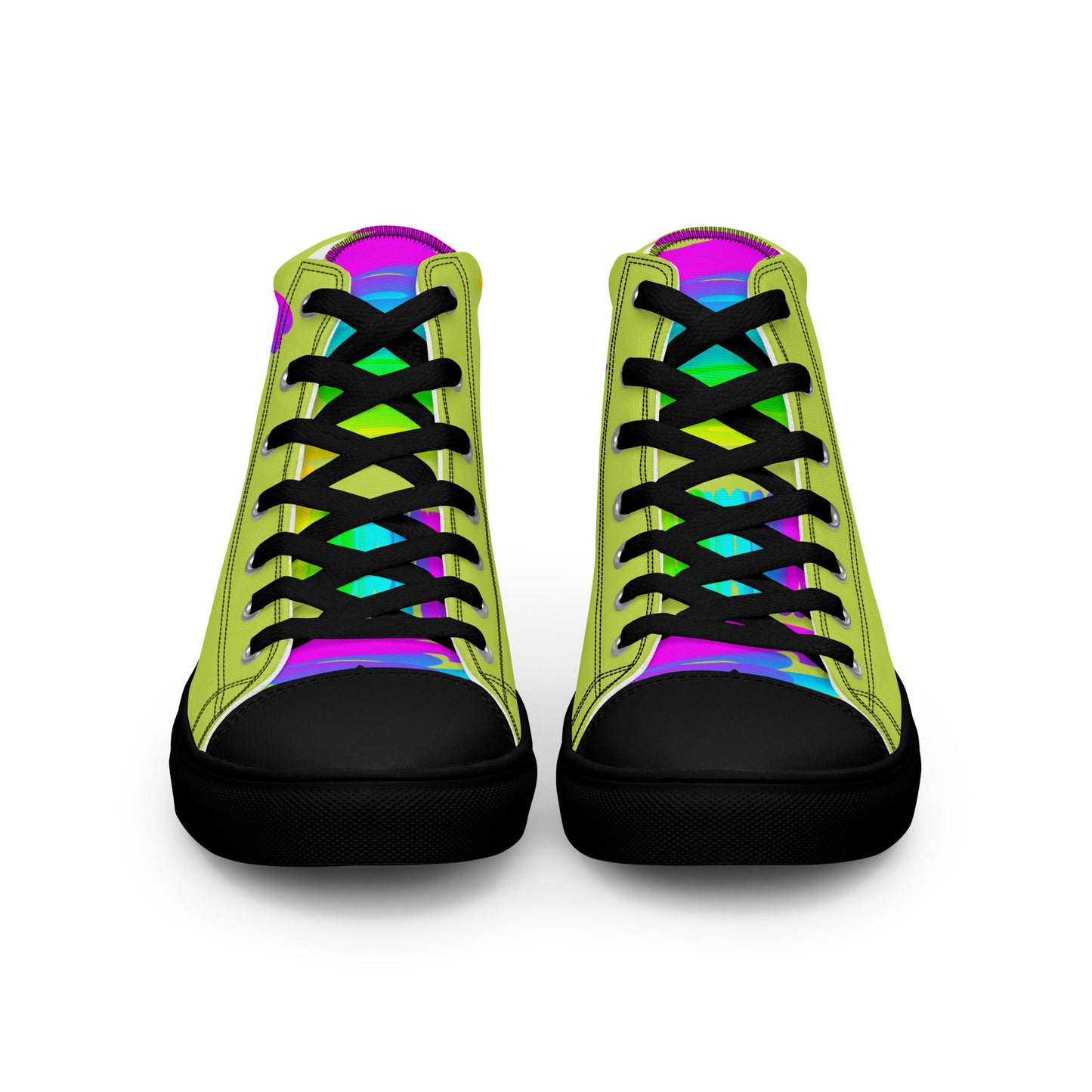 Front view laced up mens sneakers HappyStuff green high tops black sole rainbow shoes Happy Rainbow Painted bright colour spectrum print