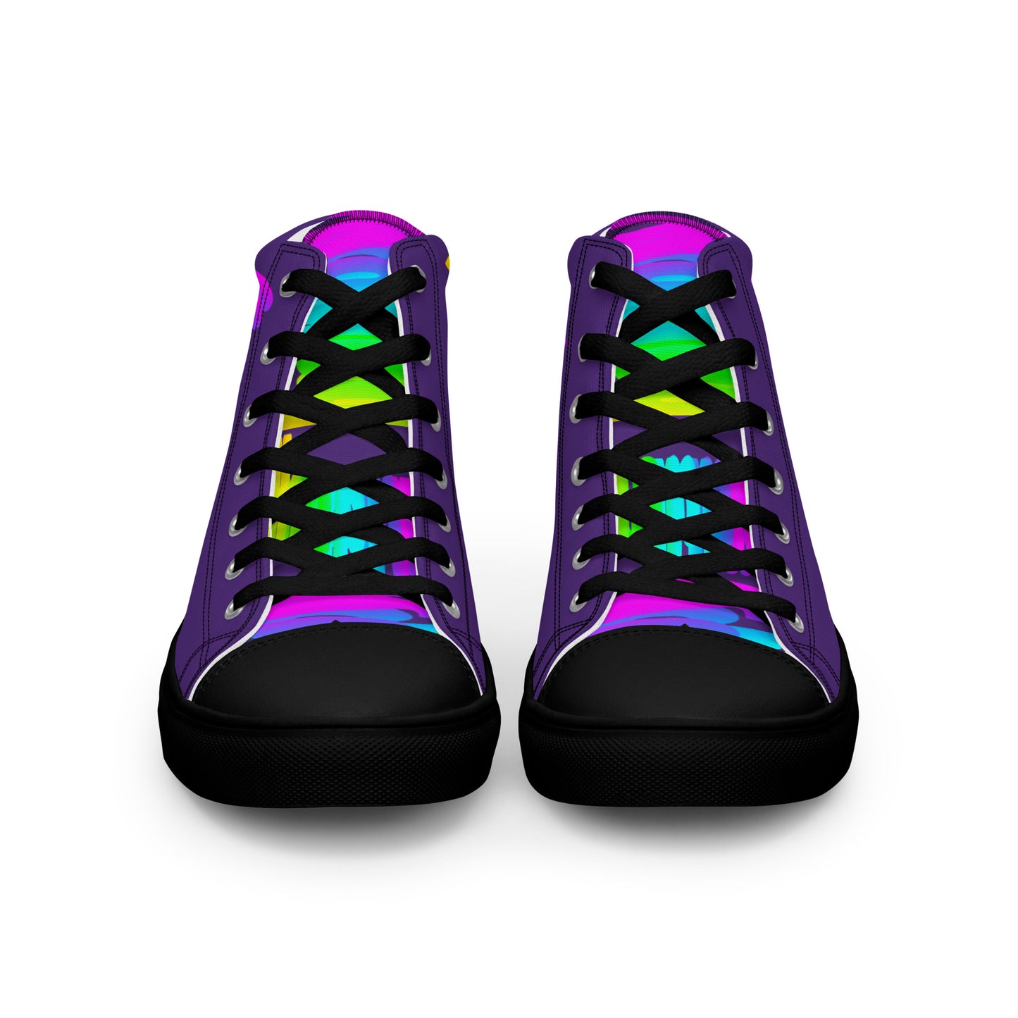 Front view laced up mens sneakers HappyStuff purple high tops black sole rainbow shoes Happy Rainbow Painted bright colour spectrum print