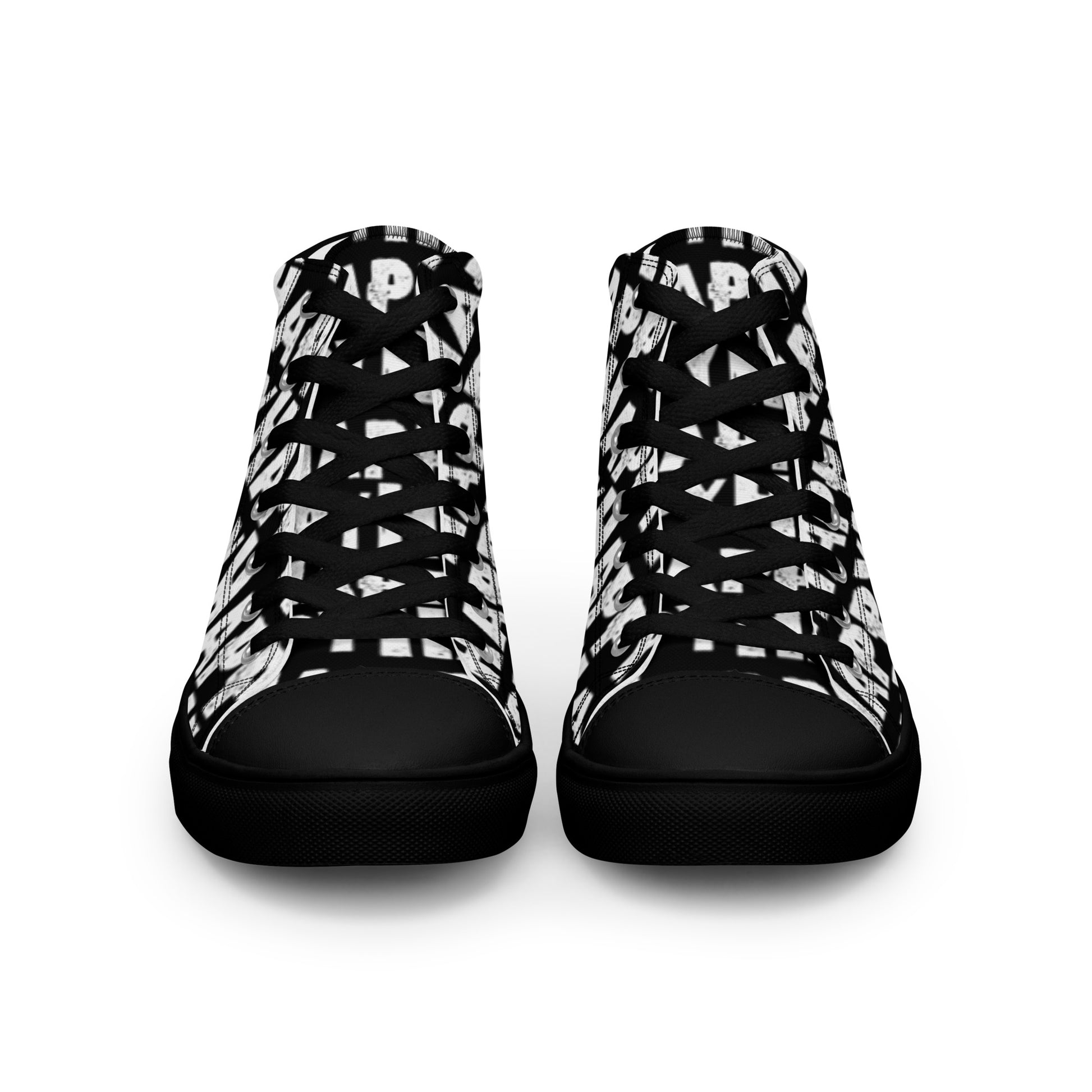 Front view Mens Sneakers black shoes white Happy Sponge Print High Tops  black Rubber outsole Faux Leather toe cap HappyStuff brand