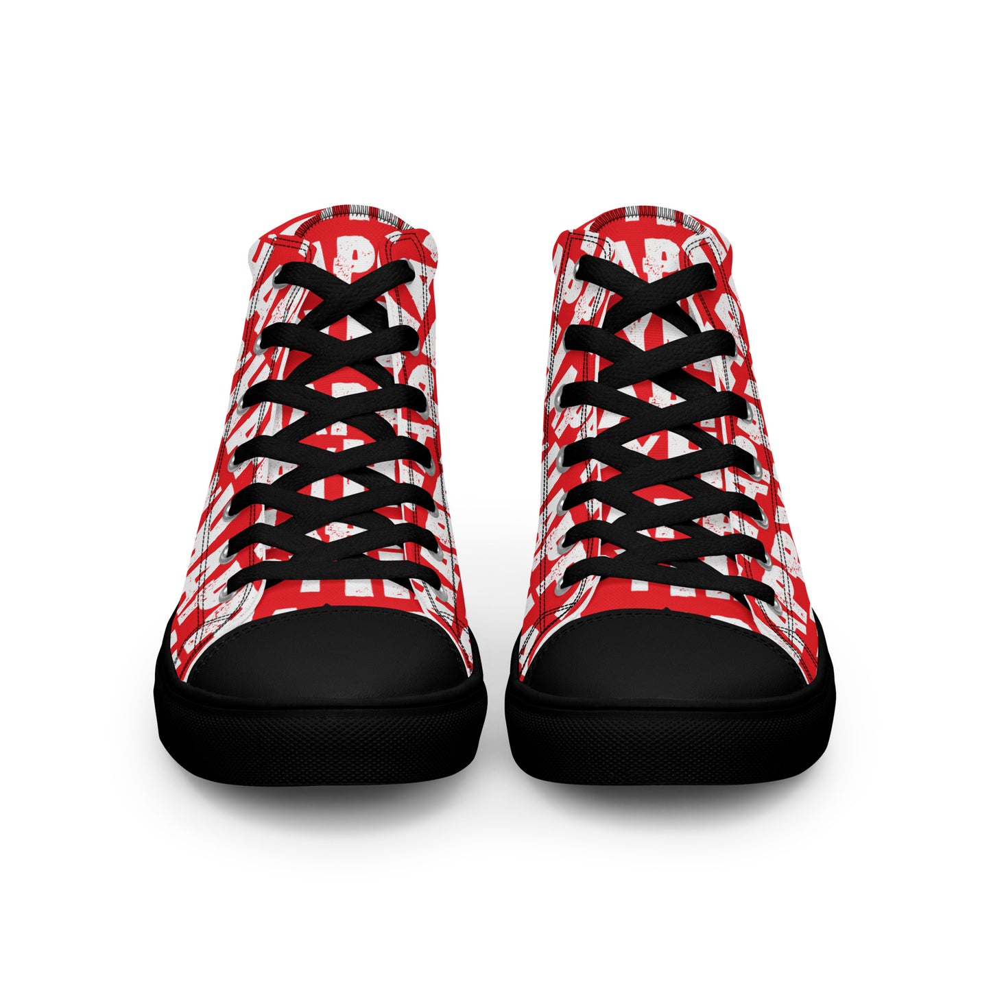 Front view Mens Sneakers red shoes white Happy Sponge Print High Tops black Rubber outsole black Faux Leather toe cap HappyStuff brand