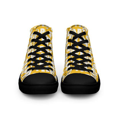 Front view Mens Sneakers yellow shoes white Happy Sponge Print High Tops black Rubber outsole black Faux Leather toe cap HappyStuff brand