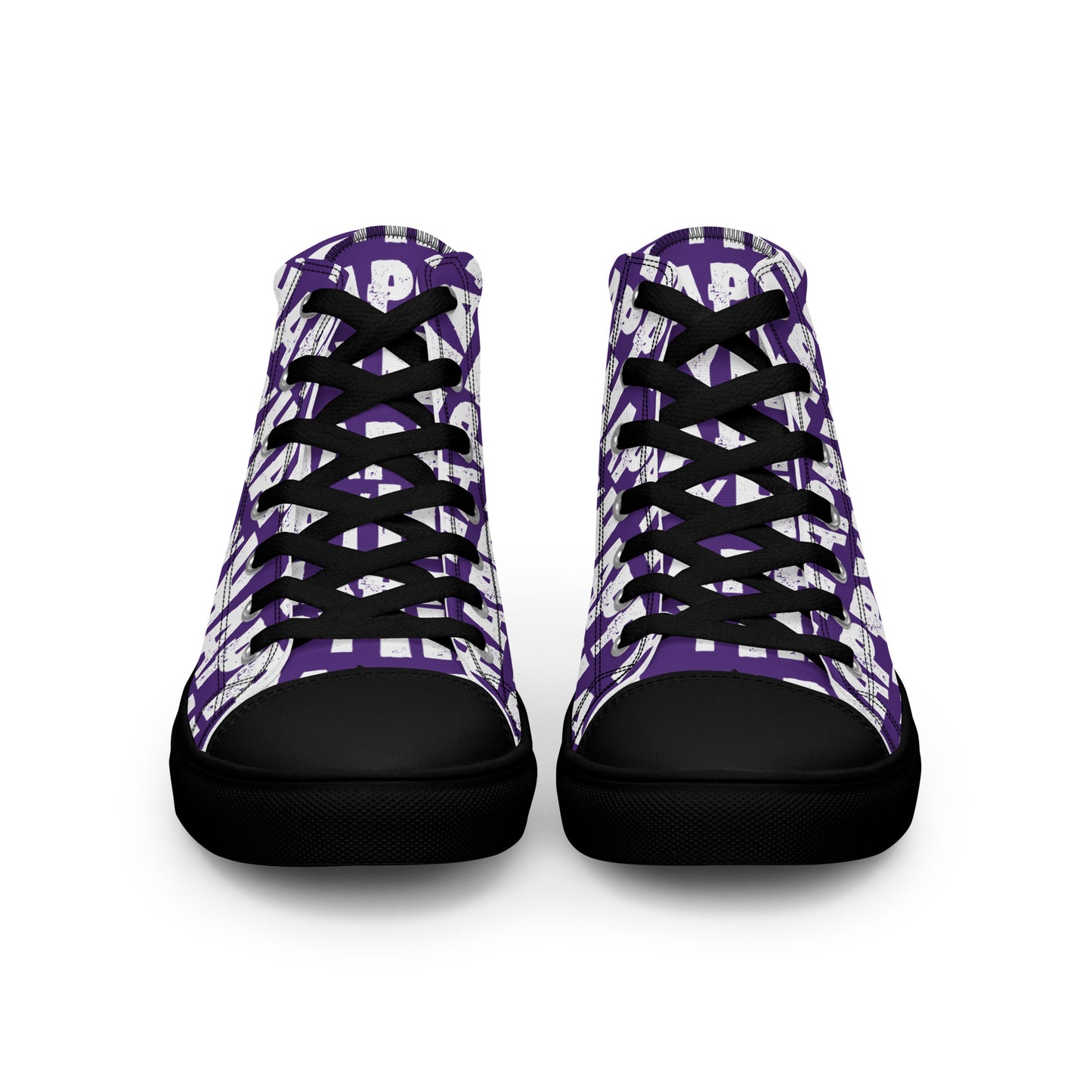 Front view Mens Sneakers purple shoes white Happy Sponge Print High Tops black Rubber outsole black Faux Leather toe cap HappyStuff brand