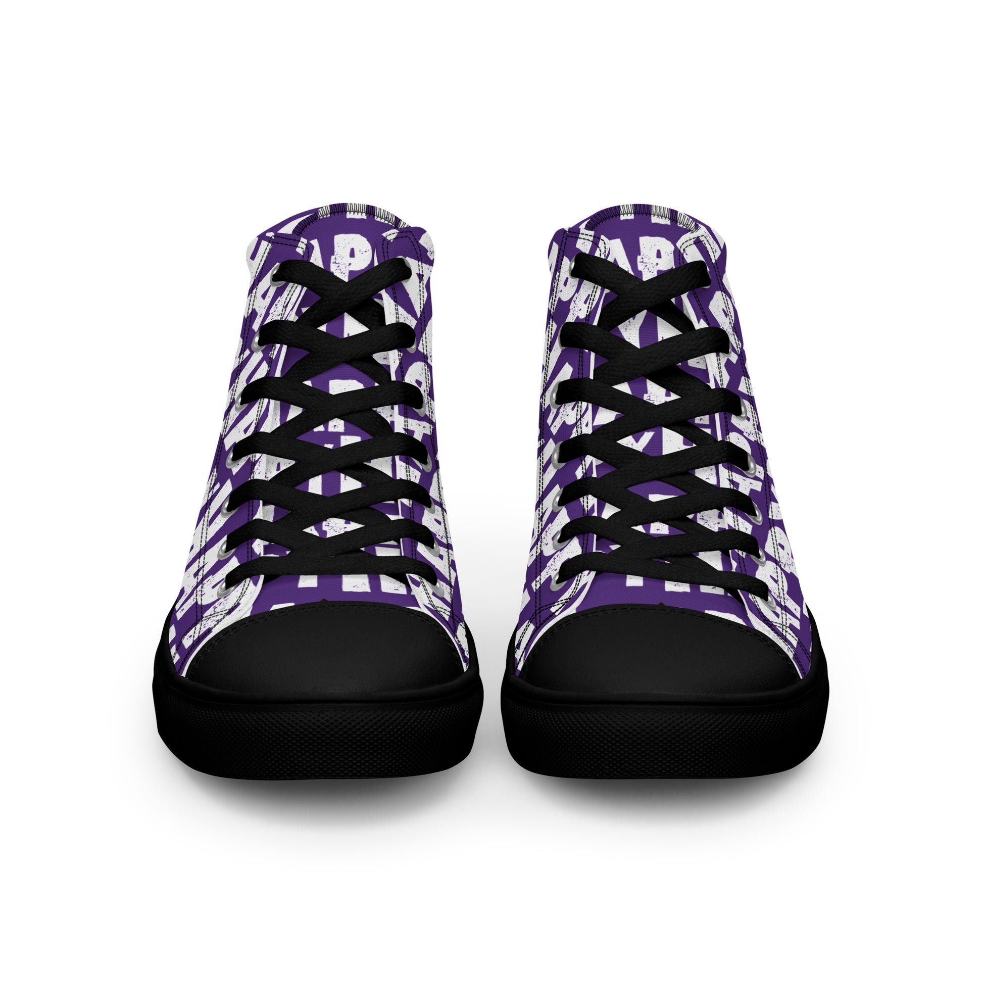 Front view Mens Sneakers purple shoes white Happy Sponge Print High Tops black Rubber outsole black Faux Leather toe cap HappyStuff brand