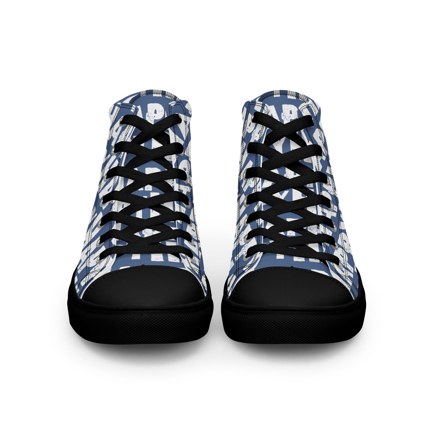 Front view Mens Sneakers denim blue shoes white Happy Sponge Print High Tops black Rubber outsole black Faux Leather toe cap HappyStuff brand