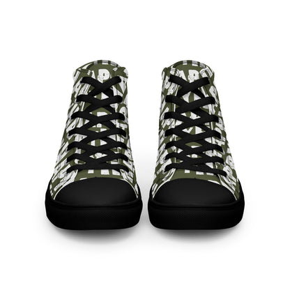 Front view Mens Sneakers khaki green shoes white Happy Sponge Print High Tops black Rubber outsole black Faux Leather toe cap HappyStuff brand