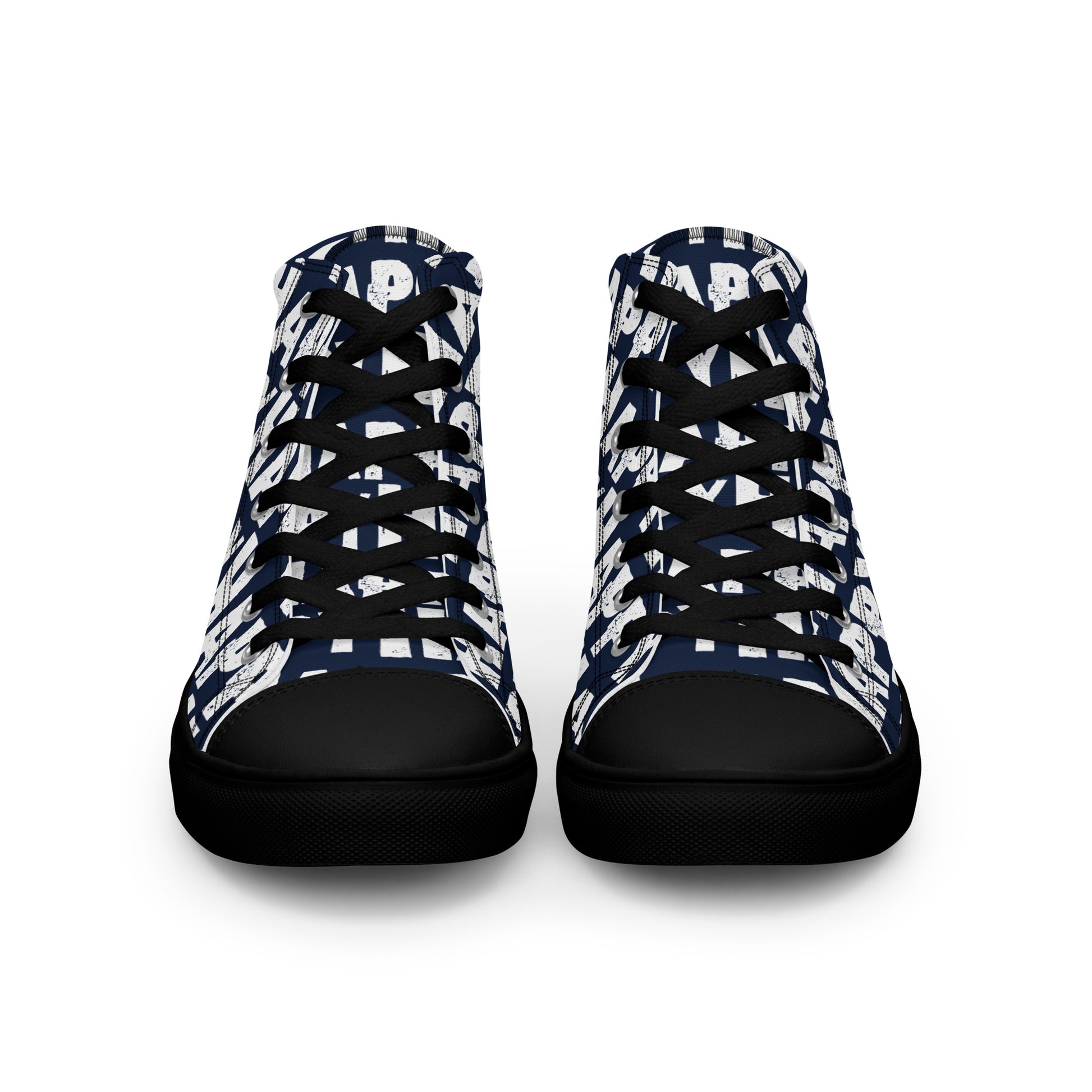 Front view Mens Sneakers navy blue shoes white Happy Sponge Print High Tops black Rubber outsole black Faux Leather toe cap HappyStuff brand