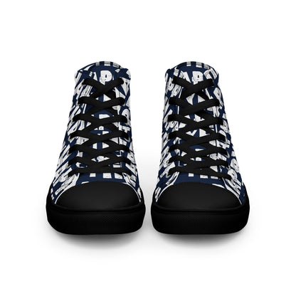 Front view Mens Sneakers navy blue shoes white Happy Sponge Print High Tops black Rubber outsole black Faux Leather toe cap HappyStuff brand