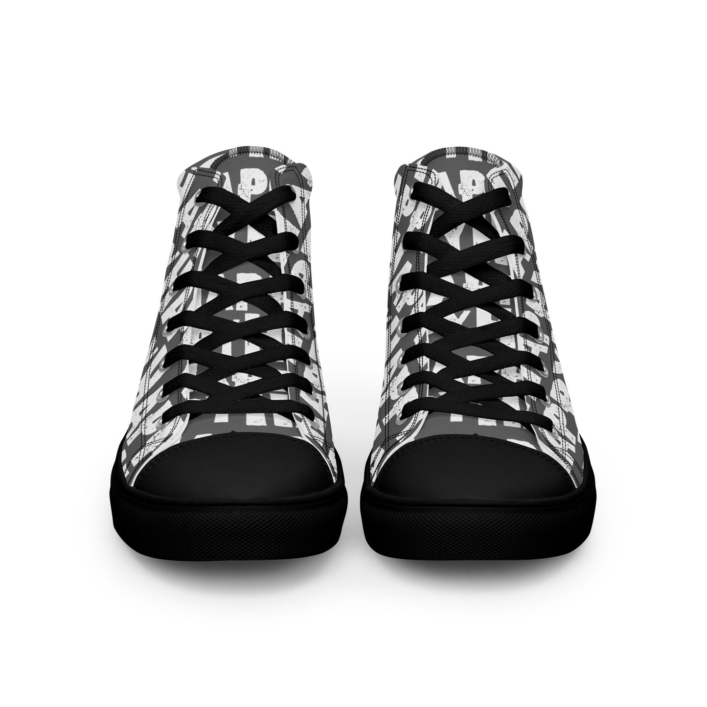 Front view Mens Sneakers slate grey shoes white Happy Sponge Print High Tops black Rubber outsole black Faux Leather toe cap HappyStuff brand