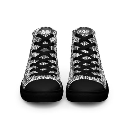 Front view laced up mens sneakers HappyStuff slate grey high tops with playful white print Warning This Foot Jiggles When Happy black sole