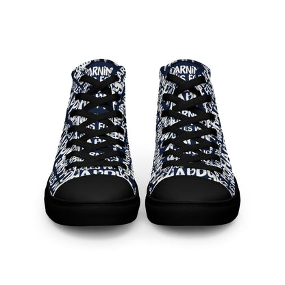 Front view laced up mens sneakers HappyStuff navy blue high tops with playful white print Warning This Foot Jiggles When Happy black sole