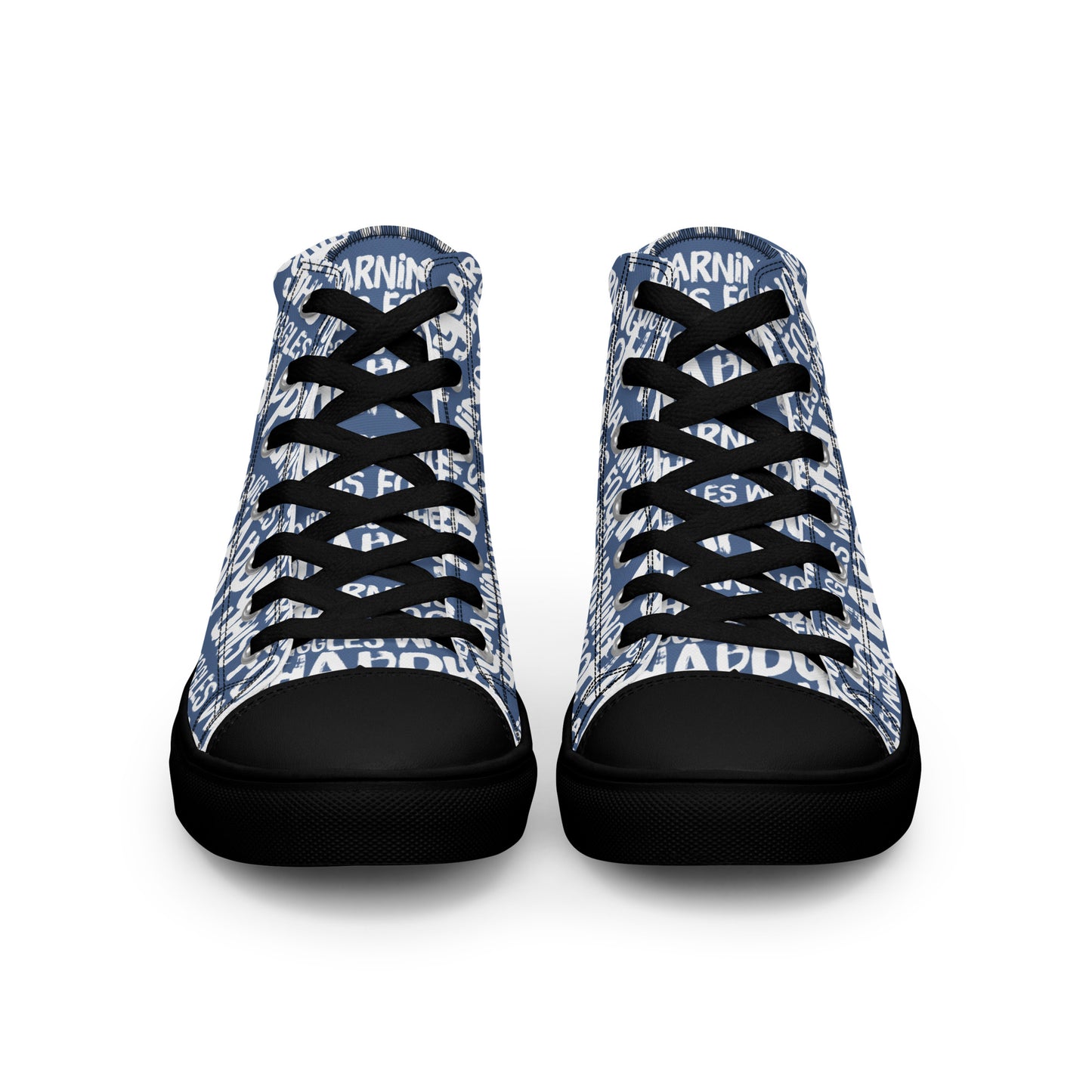 Front view laced up mens sneakers HappyStuff denim blue high tops with playful white print Warning This Foot Jiggles When Happy black sole