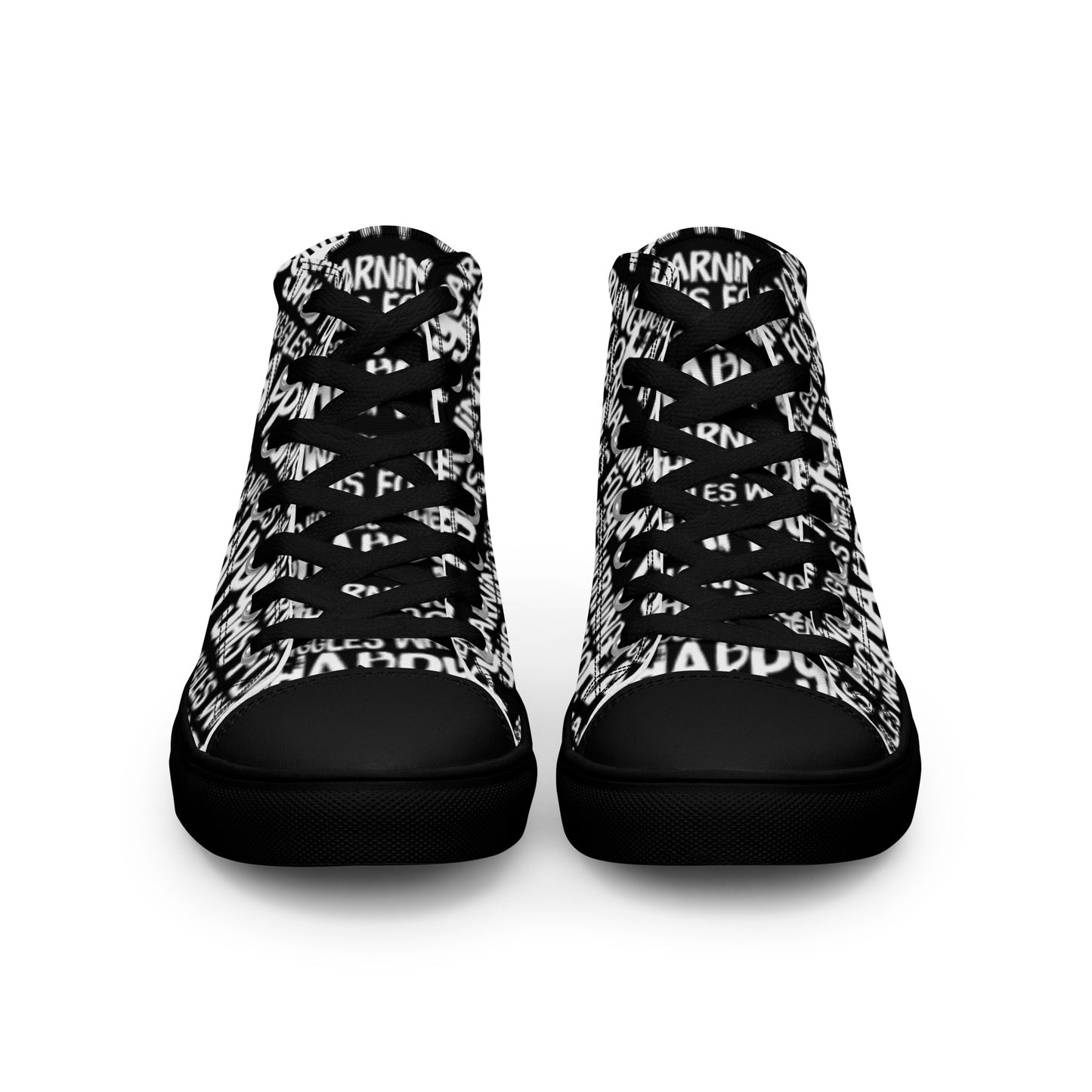 Front view laced up mens sneakers HappyStuff black high tops with playful white print Warning This Foot Jiggles When Happy black sole