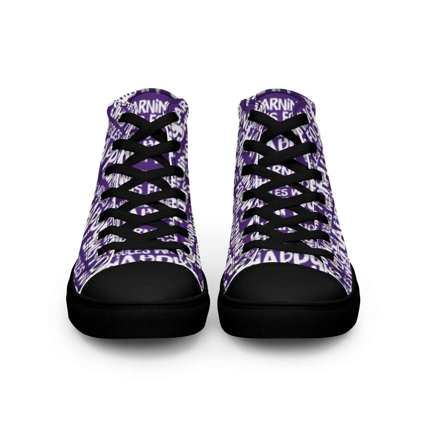 Front view laced up mens sneakers HappyStuff purple high tops with playful white print Warning This Foot Jiggles When Happy black sole