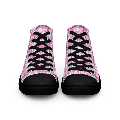 Front view laced up mens sneakers HappyStuff pink high tops with playful white print Warning This Foot Jiggles When Happy black sole