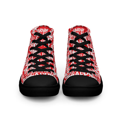 Front view laced up mens sneakers HappyStuff red high tops with playful white print Warning This Foot Jiggles When Happy black sole