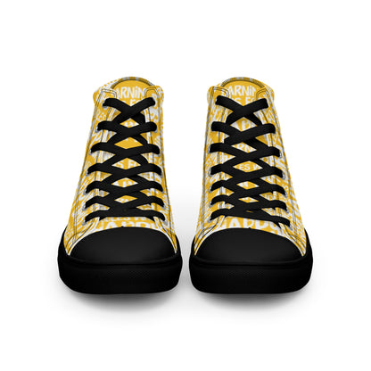 Front view laced up mens sneakers HappyStuff yellow high tops with playful white print Warning This Foot Jiggles When Happy black sole