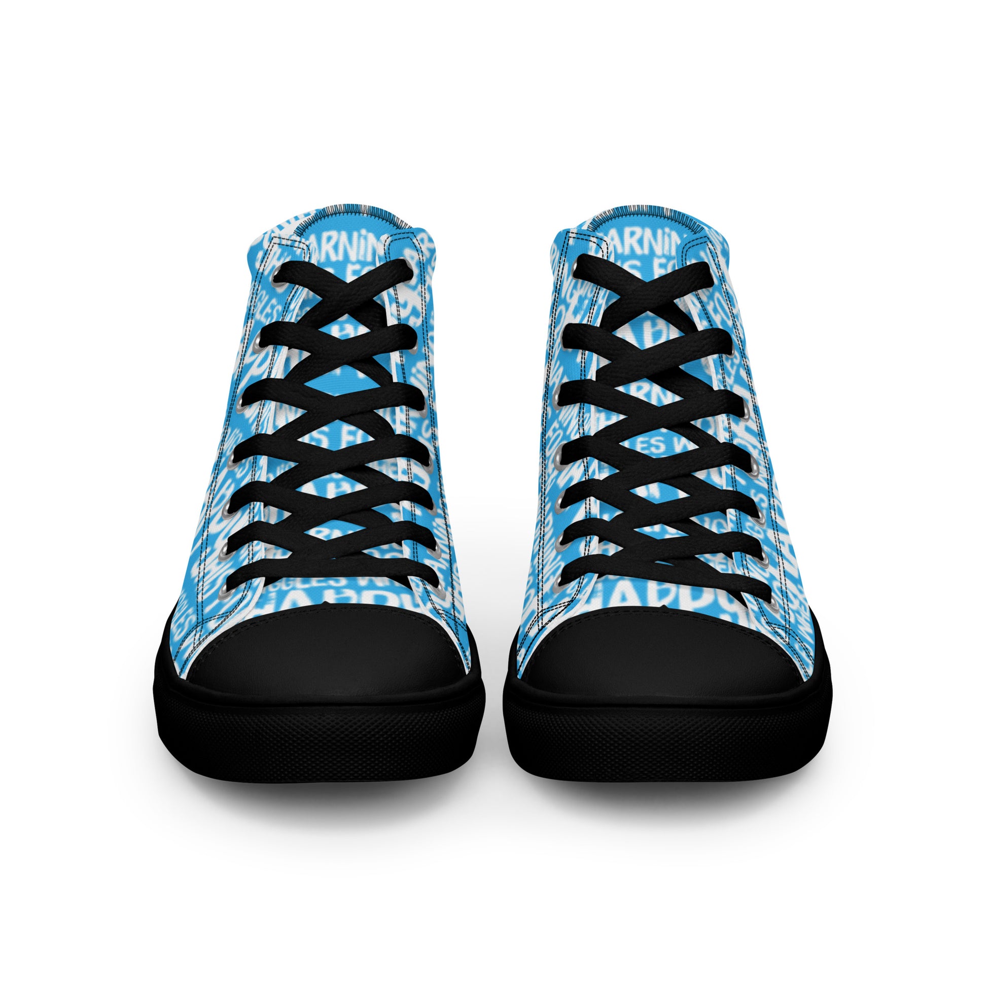 Front view laced up mens sneakers HappyStuff blue high tops with playful white print Warning This Foot Jiggles When Happy black sole