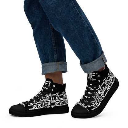 Walking left in mens HappyStuff high tops black canvas sneakers lift push pull sweat repeat happy distress print gym shoe black sole