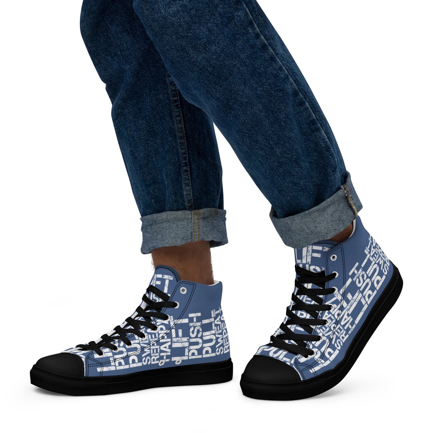 Walking left in mens HappyStuff high tops denim blue canvas sneakers lift push pull sweat repeat happy distress print gym shoe black sole