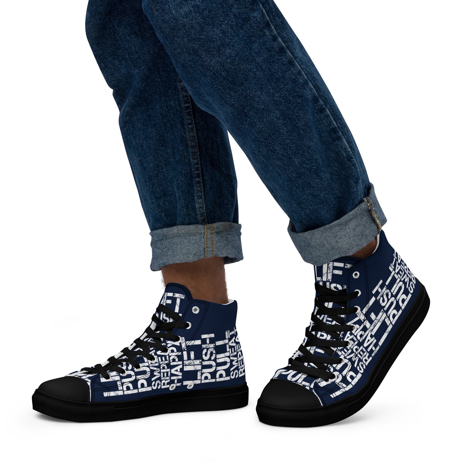 Walking left in mens HappyStuff high tops navy blue canvas sneakers lift push pull sweat repeat happy distress print gym shoe black sole