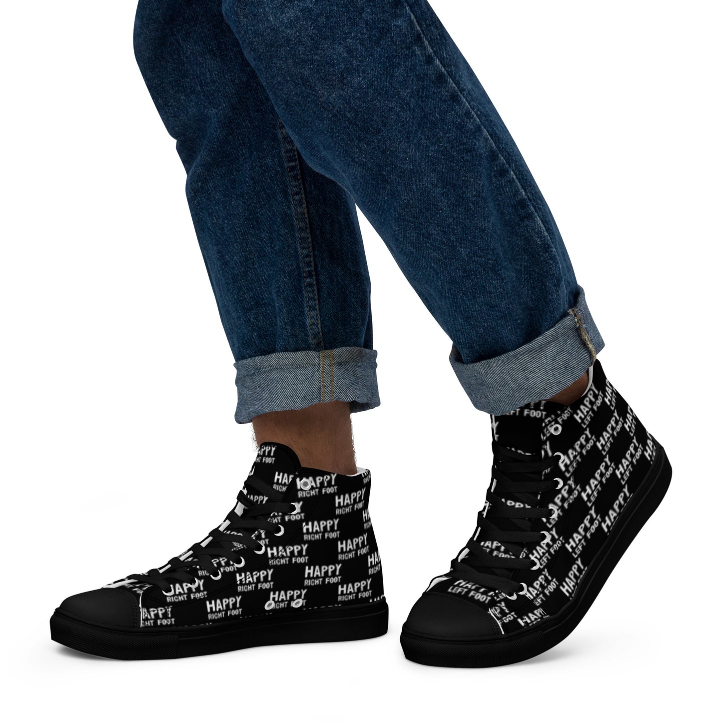 Walking left in mens HappyStuff high tops black canvas sneakers black sole Happy Left Foot Happy Right Foot Pattern Print each on relevant shoe