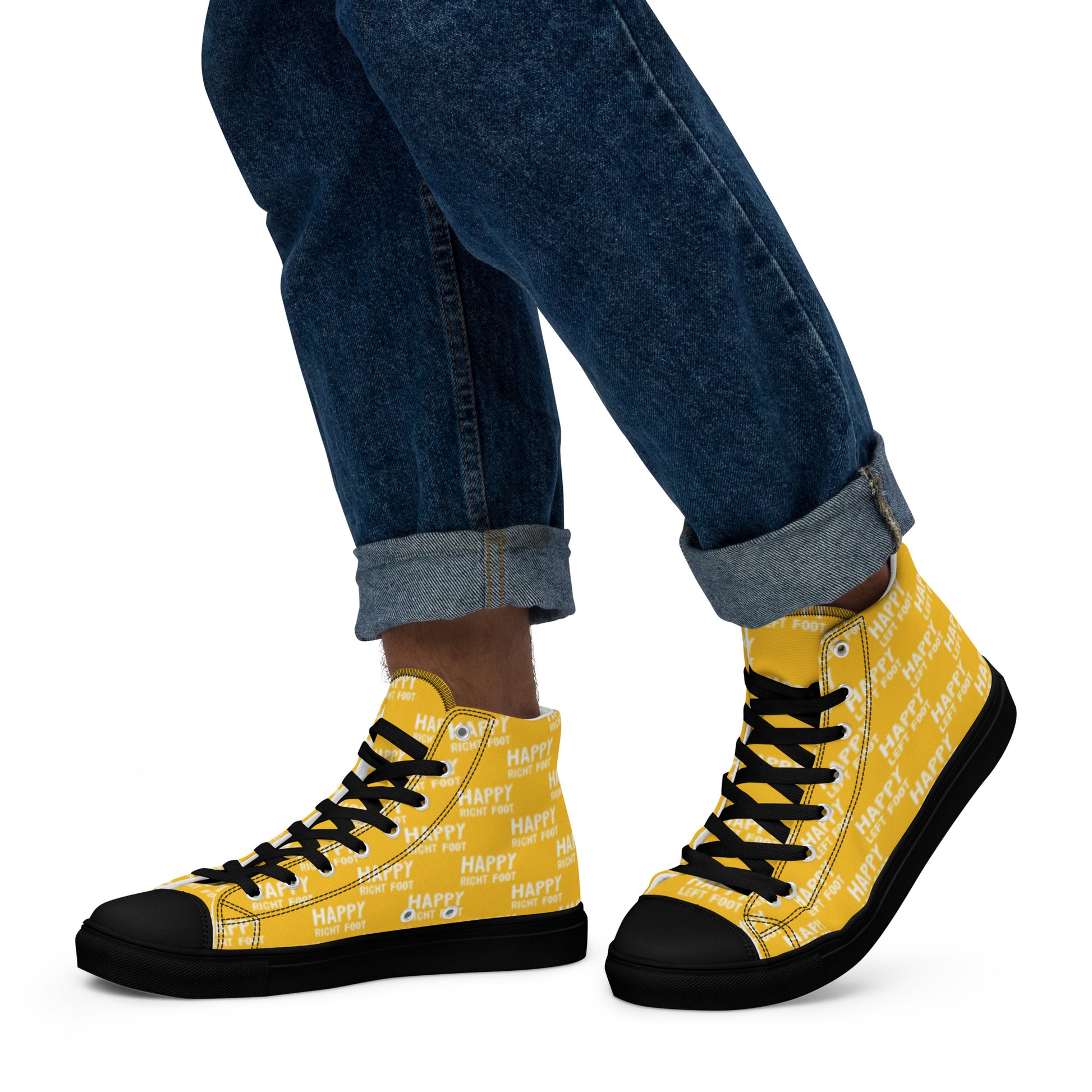 Walking left in mens HappyStuff high tops yellow canvas sneakers black sole Happy Left Foot Happy Right Foot Pattern Print each on relevant shoe