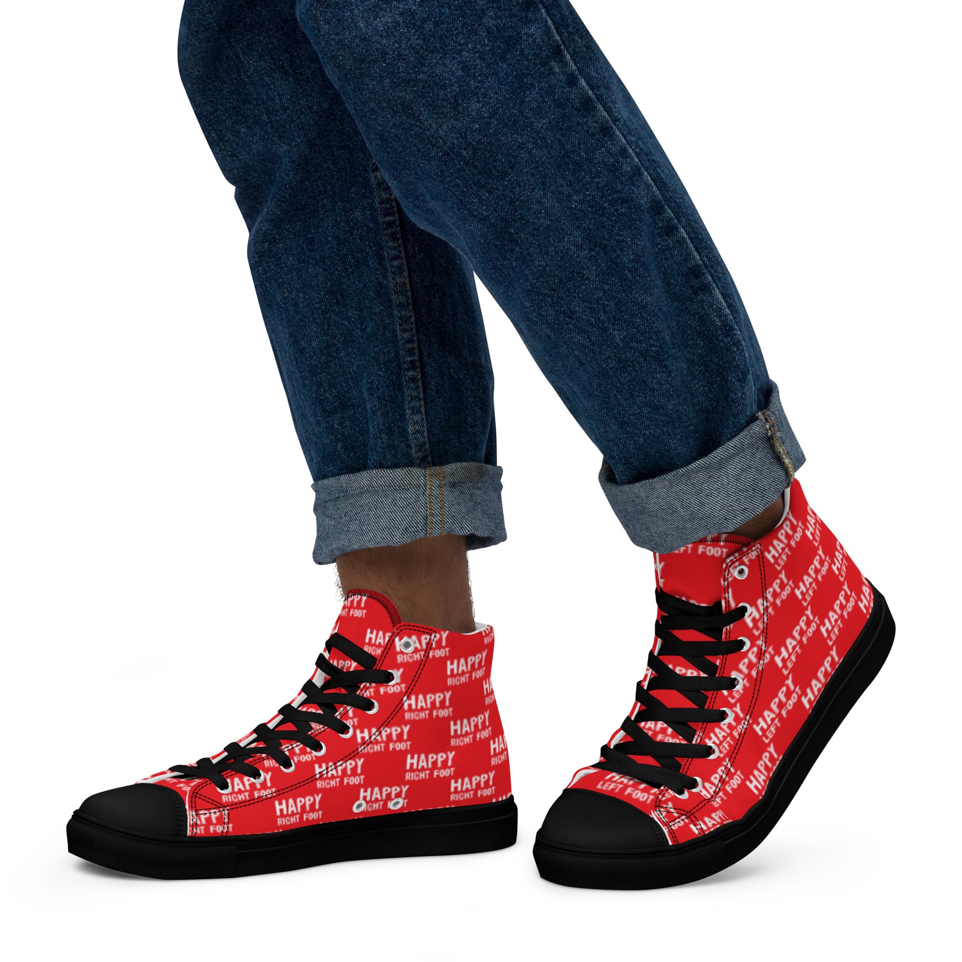 Walking left in mens HappyStuff high tops red canvas sneakers black sole Happy Left Foot Happy Right Foot Pattern Print each on relevant shoe