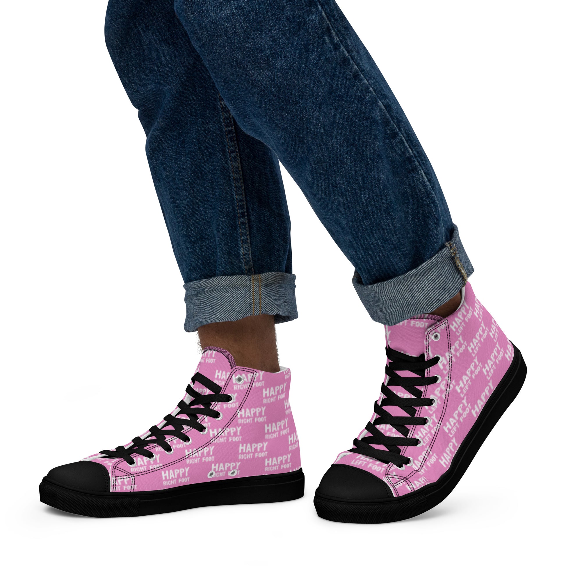 Walking left in mens HappyStuff high tops pink canvas sneakers black sole Happy Left Foot Happy Right Foot Pattern Print each on relevant shoe