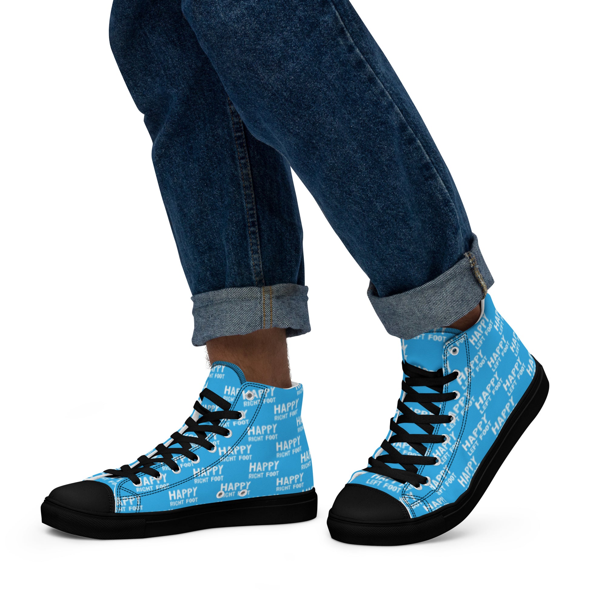 Walking left in mens HappyStuff high tops blue canvas sneakers black sole Happy Left Foot Happy Right Foot Pattern Print each on relevant shoe