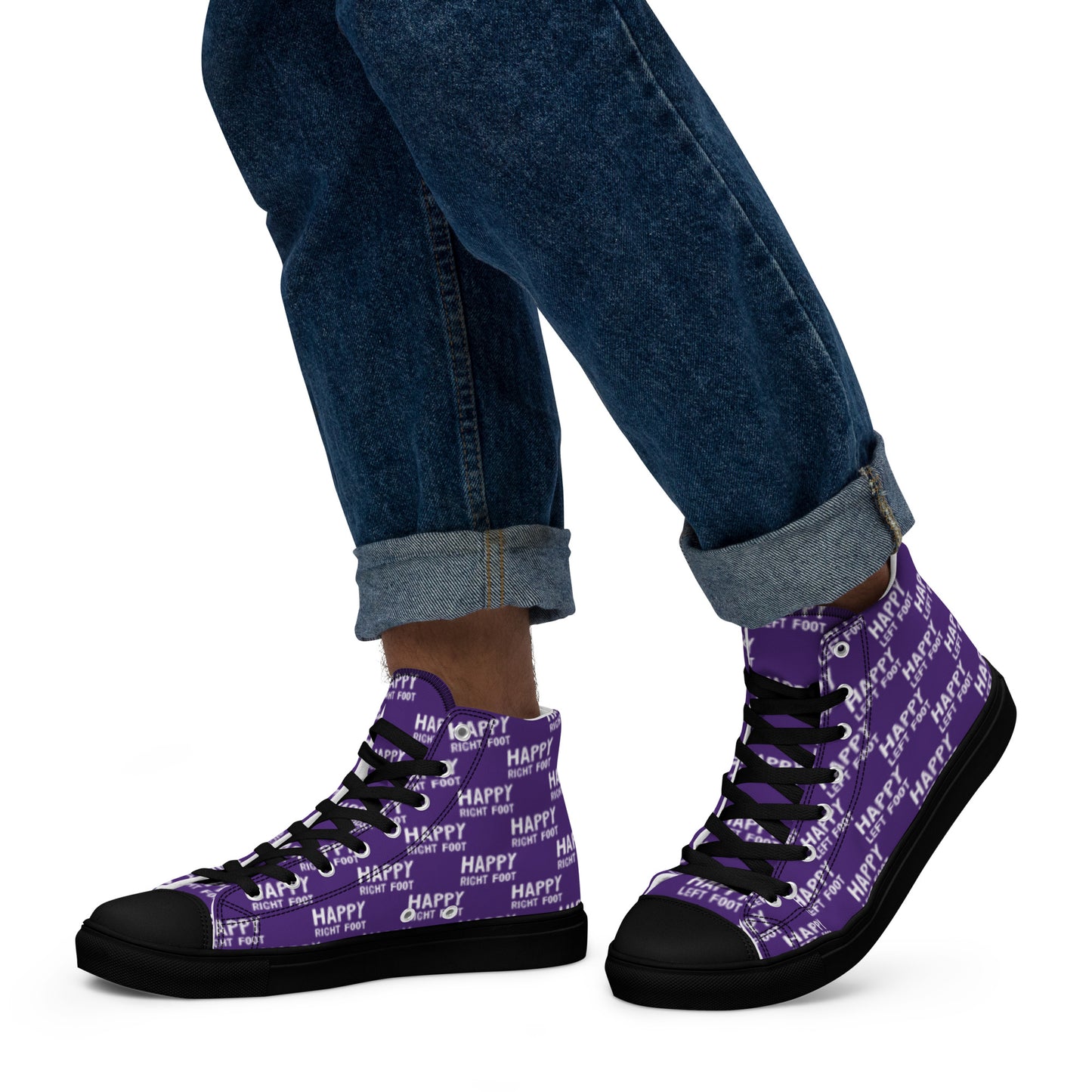 Walking left in mens HappyStuff high tops purple canvas sneakers black sole Happy Left Foot Happy Right Foot Pattern Print each on relevant shoe