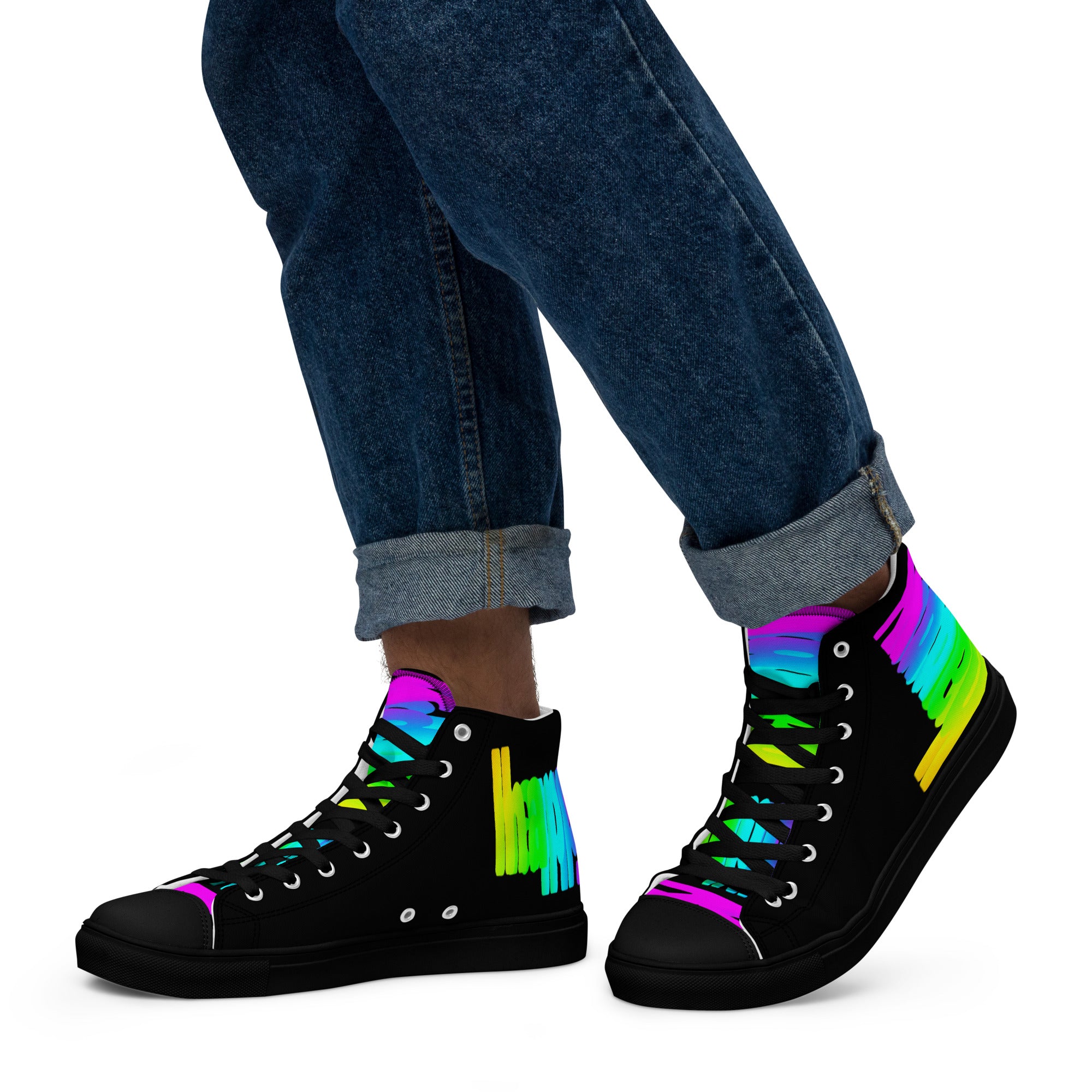 Men s High Top Sneakers Happy Rainbow Painted Canvas Black Shoes Bla HappyStuff