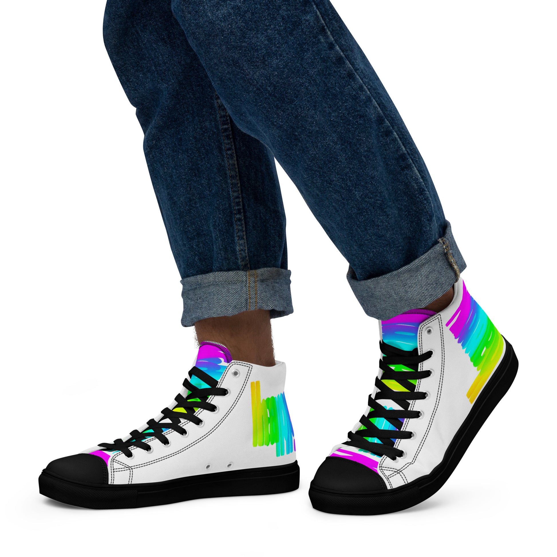 Walking left in mens sneakers HappyStuff rainbow shoes white high tops black sole with Happy Rainbow Painted bright colour spectrum print