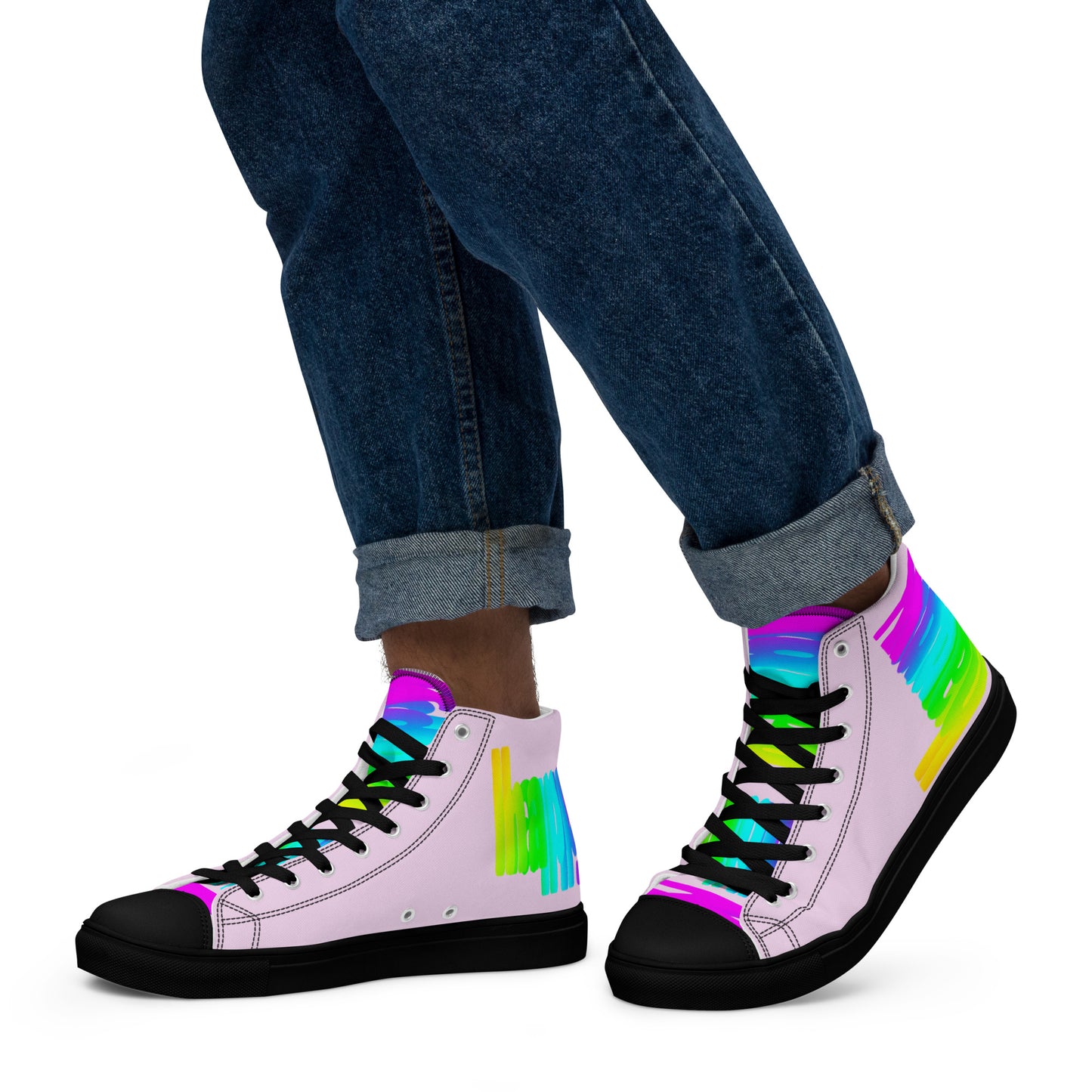 Walking left in mens sneakers HappyStuff rainbow shoes pink high tops black sole with Happy Rainbow Painted bright colour spectrum print