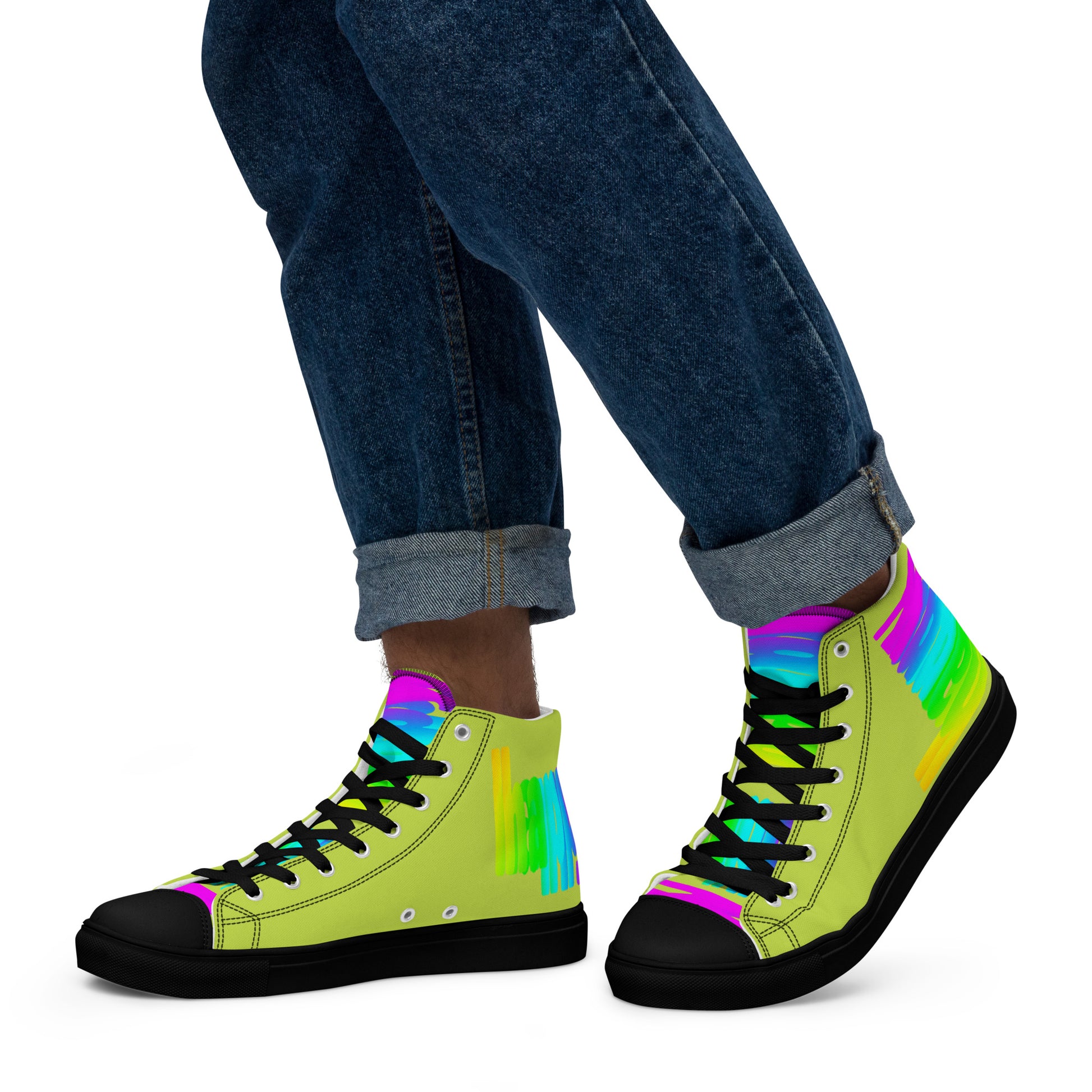 Walking left in mens sneakers HappyStuff rainbow shoes green high tops black sole with Happy Rainbow Painted bright colour spectrum print