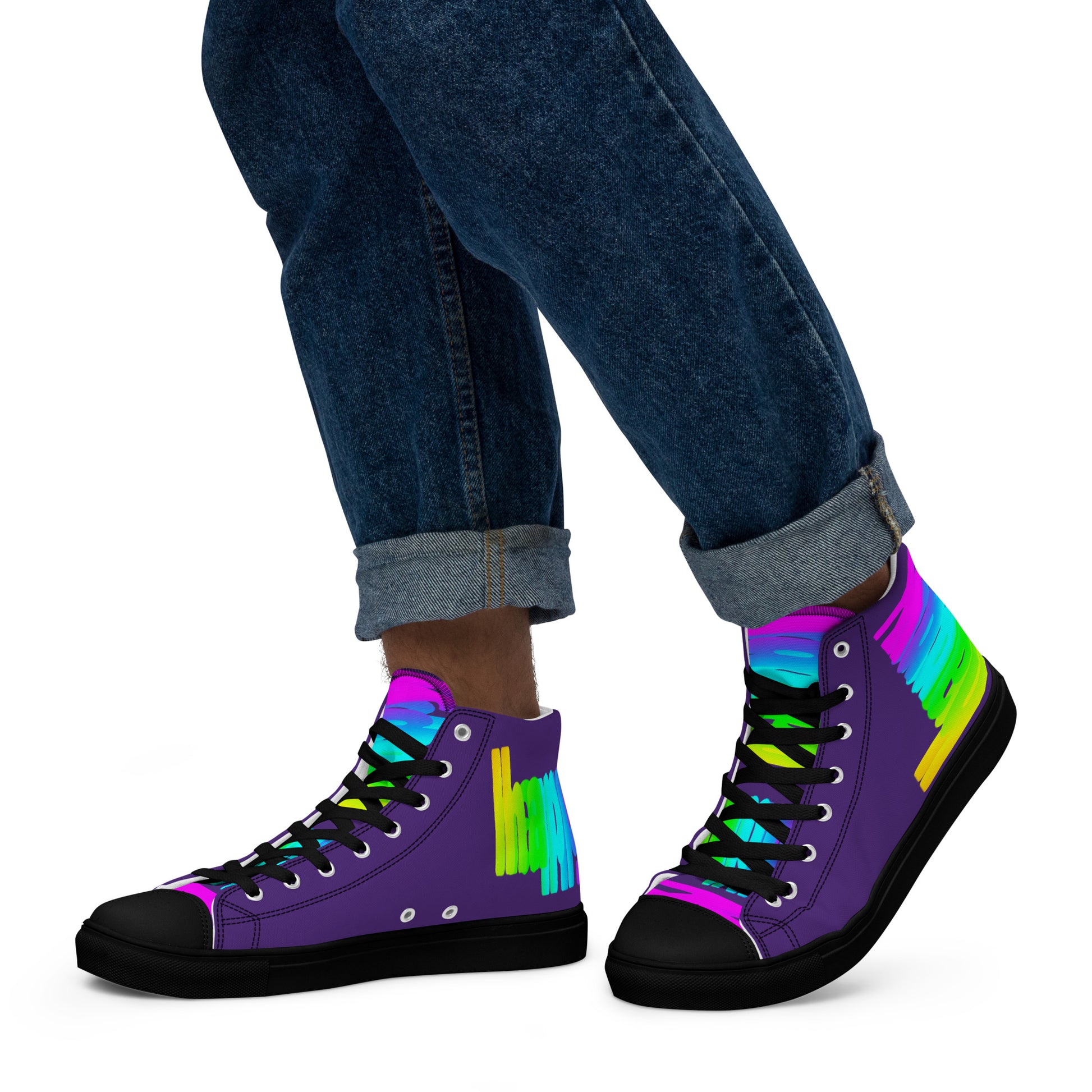 Walking left in mens sneakers HappyStuff rainbow shoes purple high tops black sole with Happy Rainbow Painted bright colour spectrum print