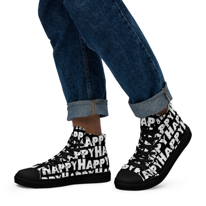 Mans feet wearing quality handmade High Tops left view fun black and white shoes black sole Happy Sponge Printed HappyStuff brand