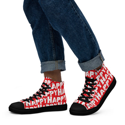 Mans feet wearing quality handmade High Tops left view fun red and white shoes black sole Happy Sponge Printed HappyStuff brand