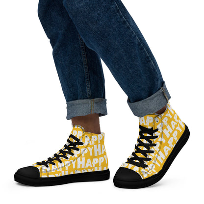 Mans feet wearing quality handmade High Tops left view fun yellow and white shoes black sole Happy Sponge Printed HappyStuff brand