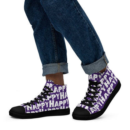 Mans feet wearing quality handmade High Tops left view fun purple and white shoes black sole Happy Sponge Printed HappyStuff brand