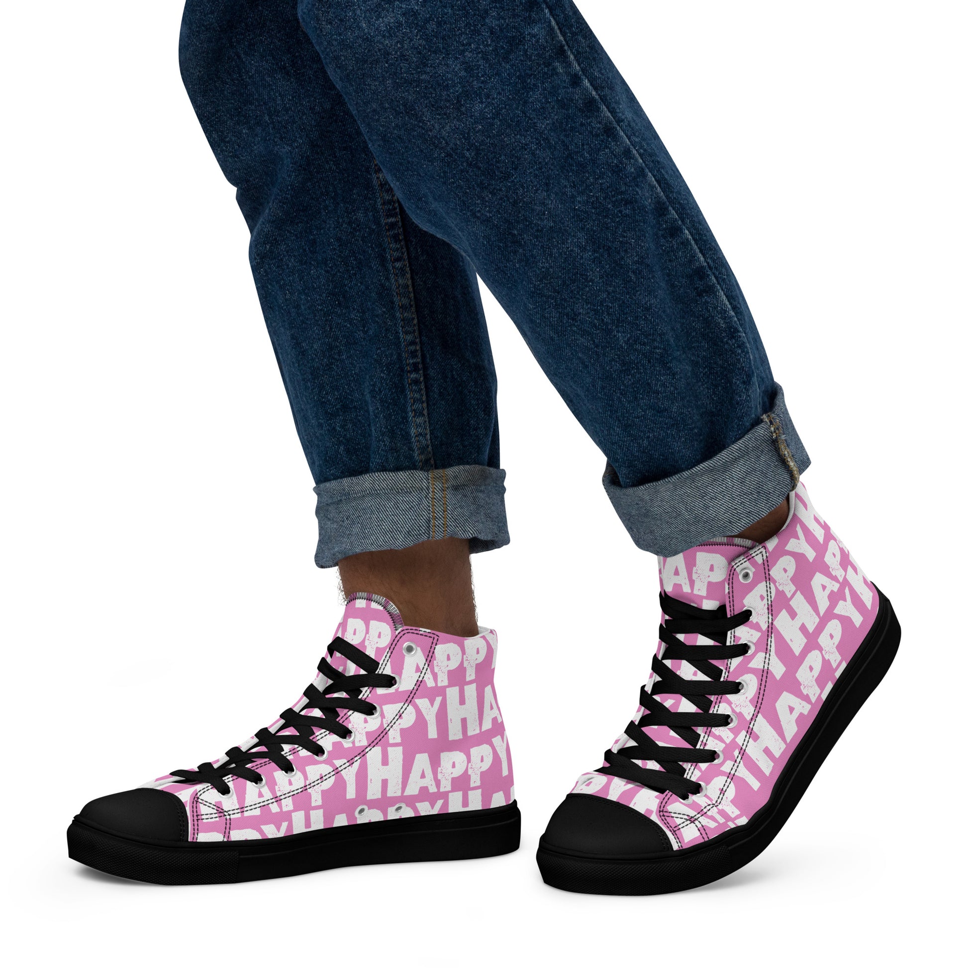 Mans feet wearing quality handmade High Tops left view fun pink and white shoes black sole Happy Sponge Printed HappyStuff brand