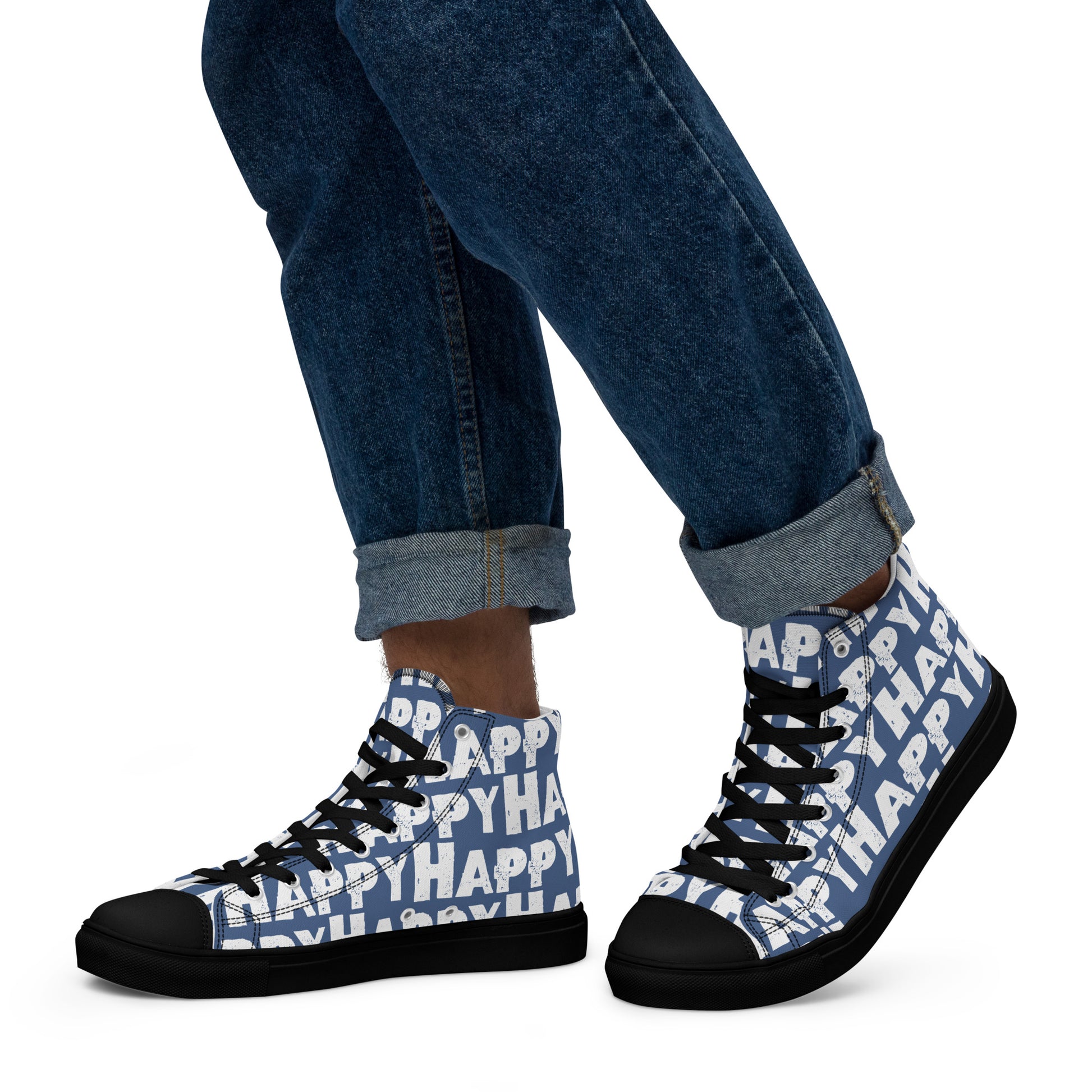 Mans feet wearing quality handmade High Tops left view fun denim blue and white shoes black sole Happy Sponge Printed HappyStuff brand