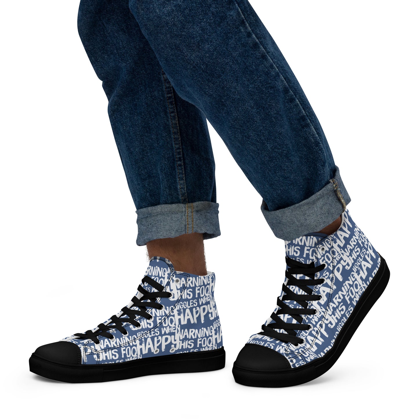 Walking left in mens HappyStuff high tops canvas sneakers edgy print denim blue and white shoes Warning This Foot Jiggles When Happy black sole